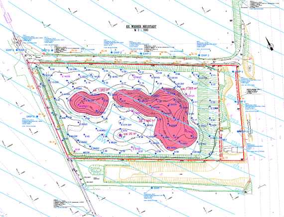 Detaillageplan der Altablagerung sowie Relief der Deponiesohle (roter Bereich: Verschnitt mit HGW 100 (273 m. ü. A.)