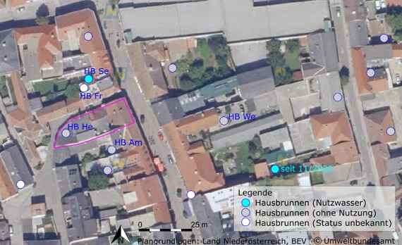 Lage des Altstandortes und der Hausbrunnen (Luftbild 2018)