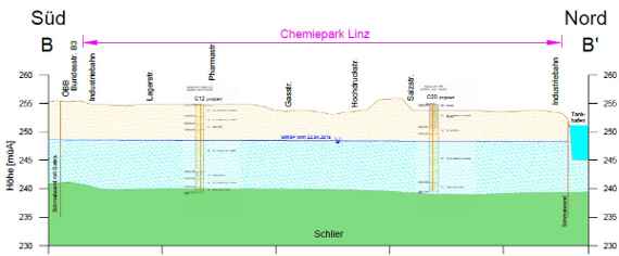 Schematischer geologischer Schnitt im Zentralbereich des Chemieparks