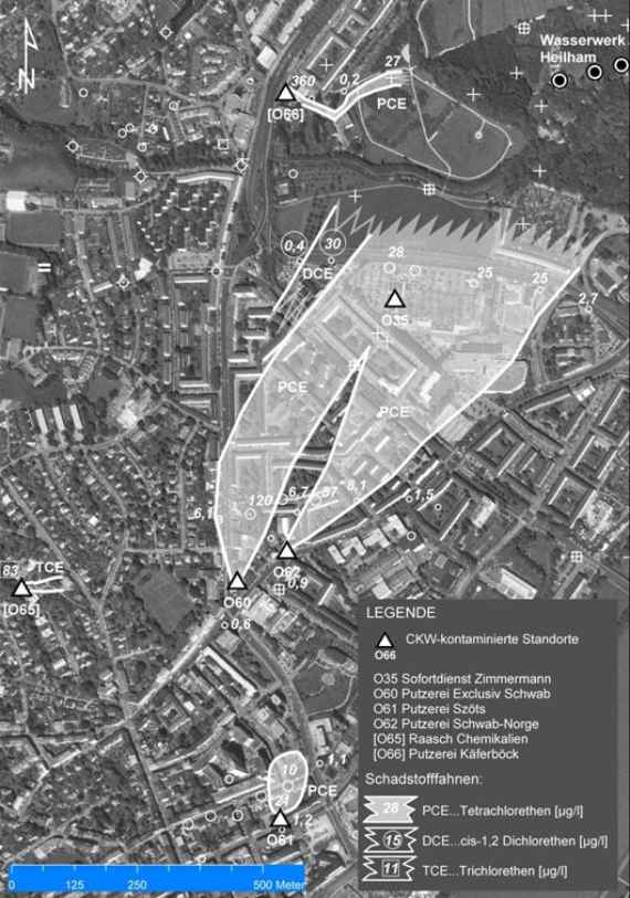 CKW-kontaminierte Altstandorte und Schadstofffahnen im Grundwasser südwestlich des Wasserwerkes Heilham (im Jahr 2003)