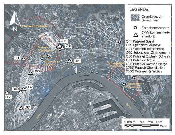 CKW-kontaminierte Altstandorte, Strömungsverhältnisse des Grundwassers sowie Lage von Wasserwerken in Linz-Urfahr