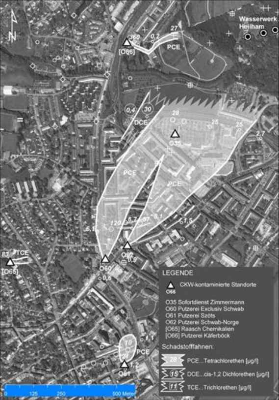 CKW-kontaminierte Altstandorte und Schadstofffahnen im Grundwasser südwestlich des Wasserwerkes Heilham (im Jahr 2003)