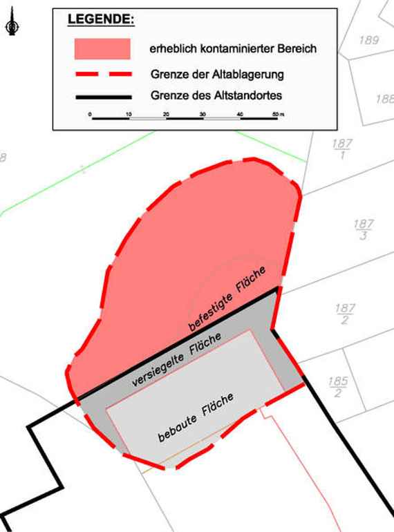 Lage des erheblich kontaminierten Bodenbereichs auf der Altablagerung „Lederfabrik Schmidt“