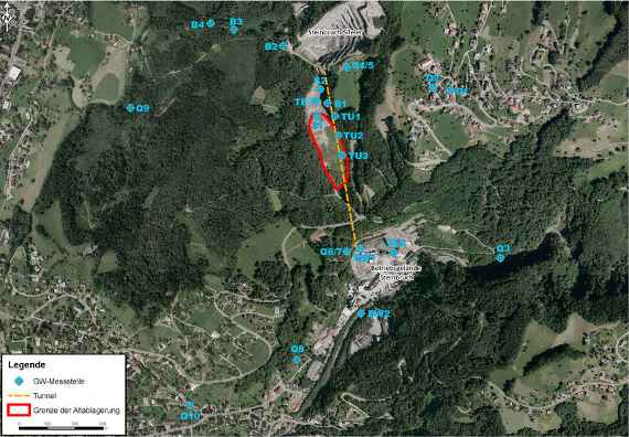 Lage der Altablagerung und der Wassermessstellen im Luftbild (Juli 2012)