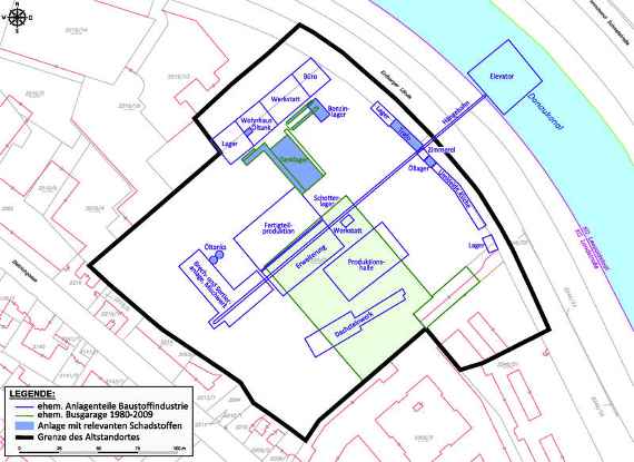 Situationsplan der Betriebsanlagen des Baustoffwerkes sowie der Tankstelle und Tiefgarage der Busgaragen (hellgrün)