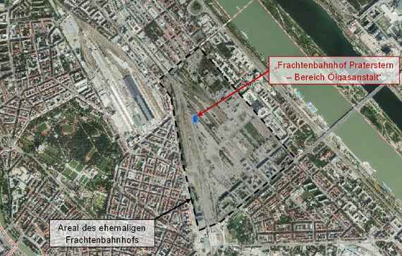 Luftbild mit Lage des ehemaligen Frachtenbahnhofs und der Ölgasanstalt