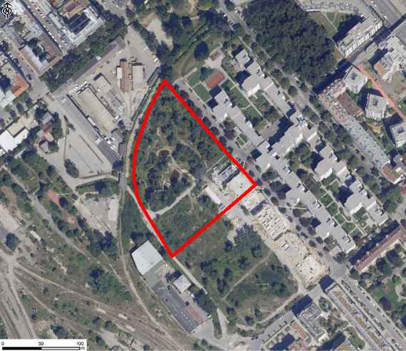 Luftbild mit Lage des Altstandortes „Frachtenbahnhof Praterstern – Bereich Petroleumhof“, Befliegung2018